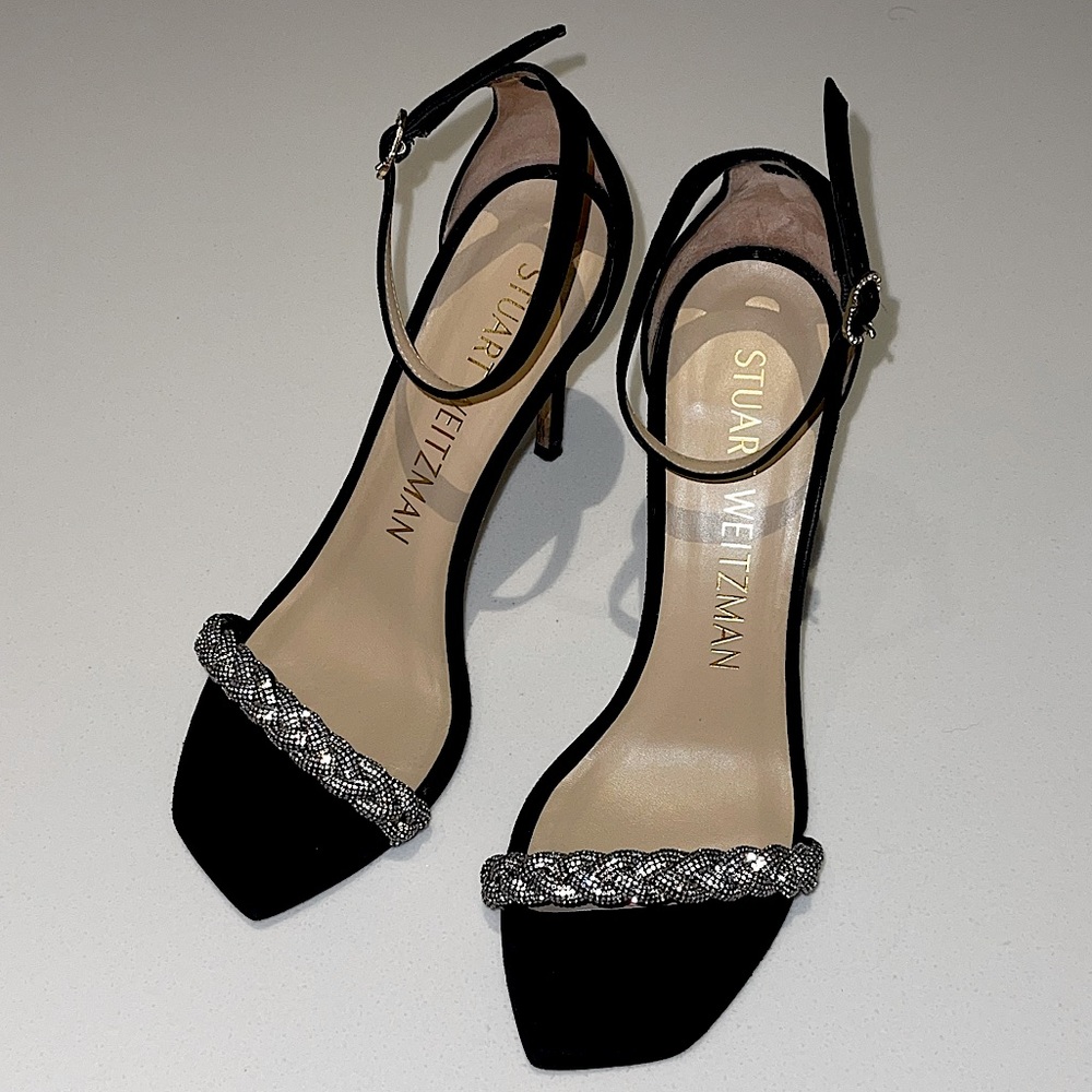 Stuart Weitzman Nudistcurve 100 crystal ankle strap suede sandal size 8 1/2